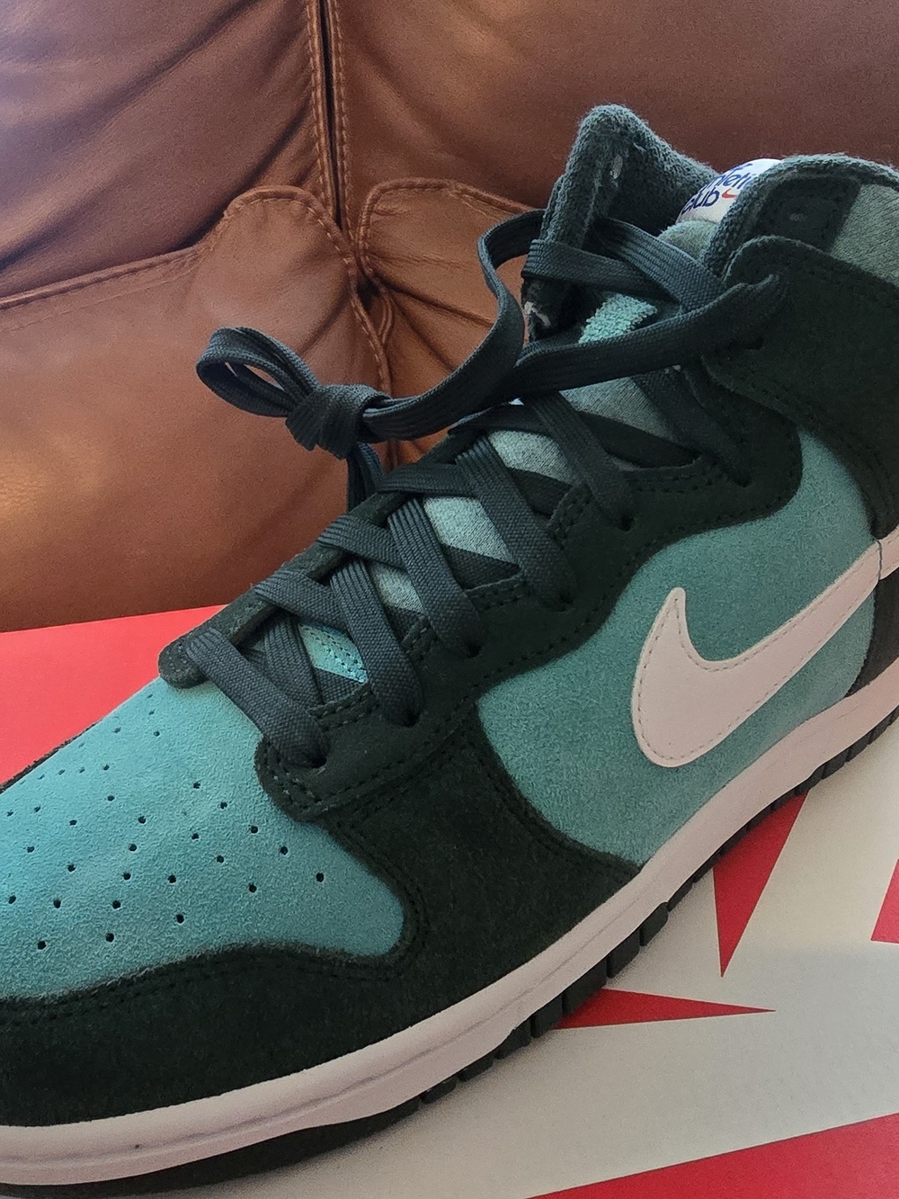 Nike Dunk High Teal & Dark Green Suede Sneakers with White Swoosh